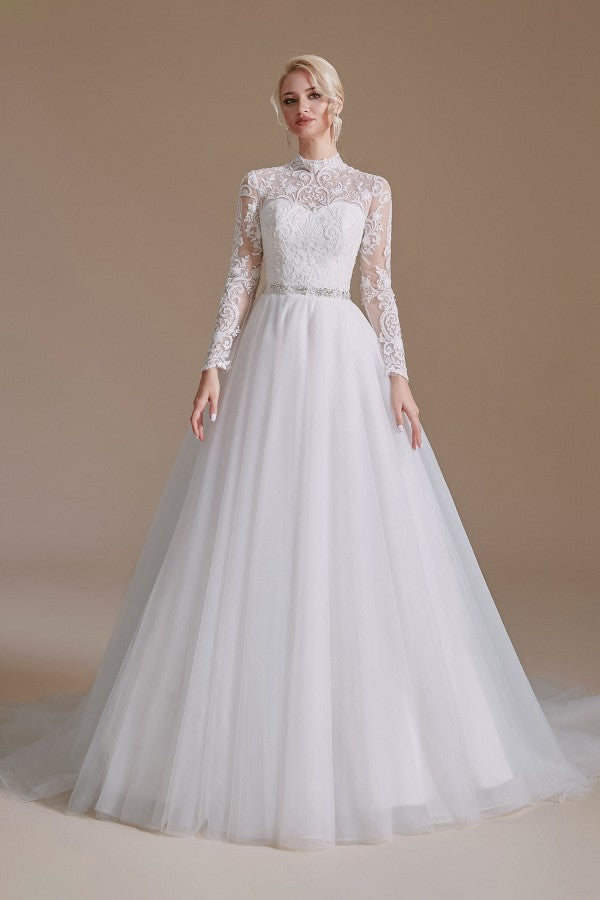 Modest Long A-line High Neck Tulle Lace Wedding Dresses with Sleeves ...
