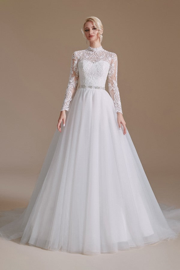 Modest Long A-line High Neck Tulle Lace Wedding Dresses with Sleeves-BIZTUNNEL