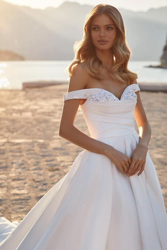 Modest Long A-line off the Shoulder Ruched Satin Wedding Dress with Crystals-BIZTUNNEL