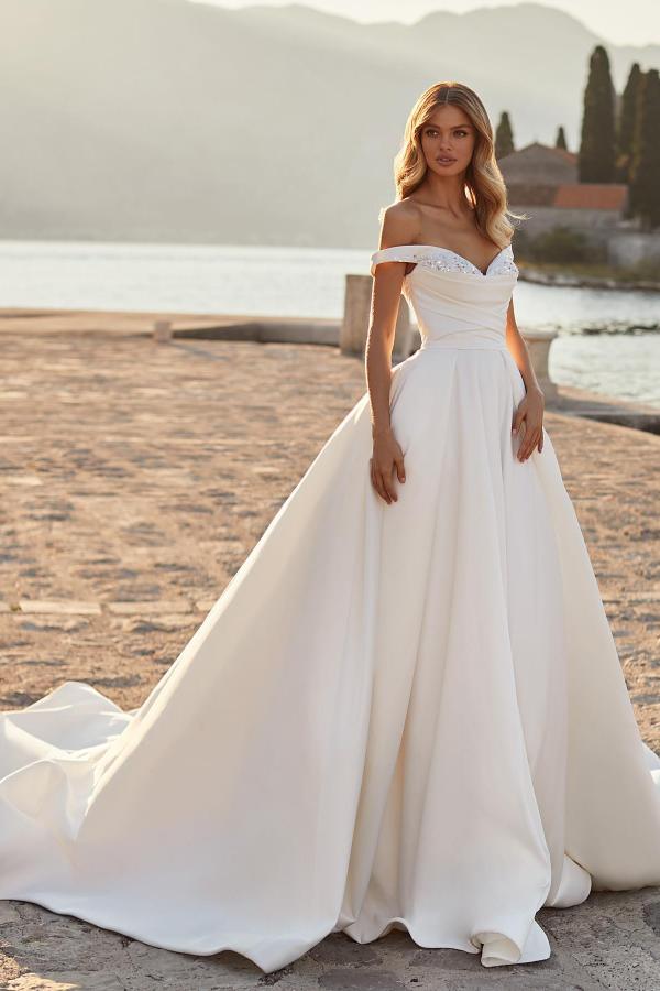 Modest Long A-line off the Shoulder Ruched Satin Wedding Dress with Crystals-BIZTUNNEL