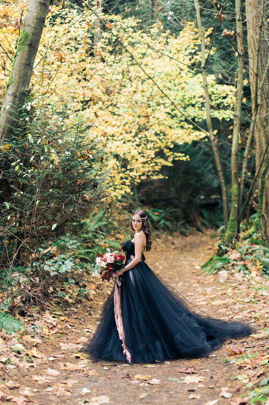 Modest Black Two Pieces Wedding Dress with Sleeves and Tulle Lace main image 0