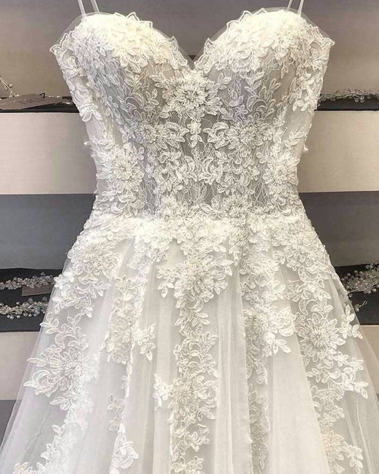 Modest Long A Line Sweetheart Lace Tulle Wedding Dress-BIZTUNNEL