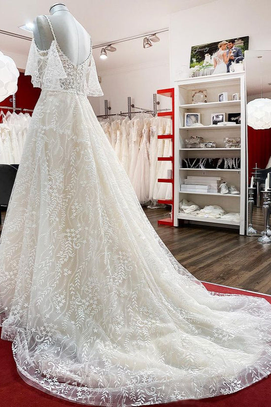 Modest Long A-line Sweetheart Tulle Lace Appliques Wedding Dress with Sleeves-BIZTUNNEL