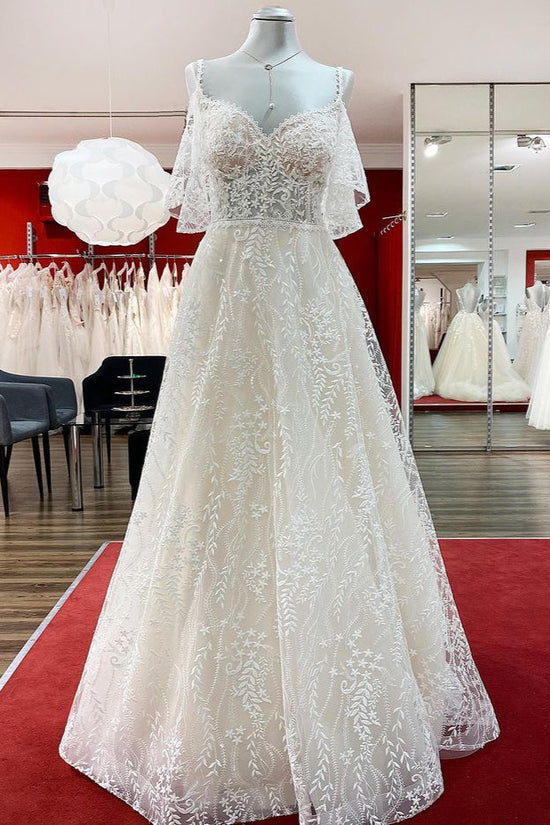 Modest Long A-line Sweetheart Tulle Lace Appliques Wedding Dress with Sleeves-BIZTUNNEL