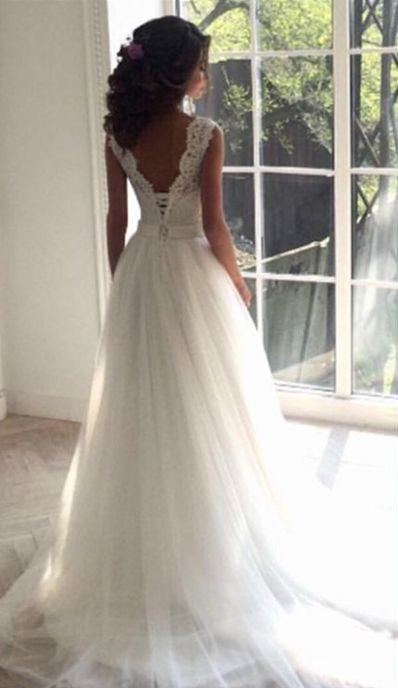 Modest Long A-line Tull Backless Lace Wedding Dress-BIZTUNNEL