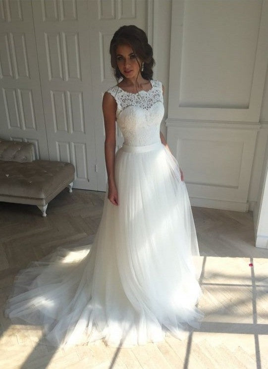 Modest Long A-line Tull Backless Lace Wedding Dress-BIZTUNNEL