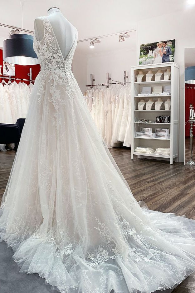 Modest Long A-line V-neck Open Back Tulle Wedding Dress with Appliques Lace-BIZTUNNEL