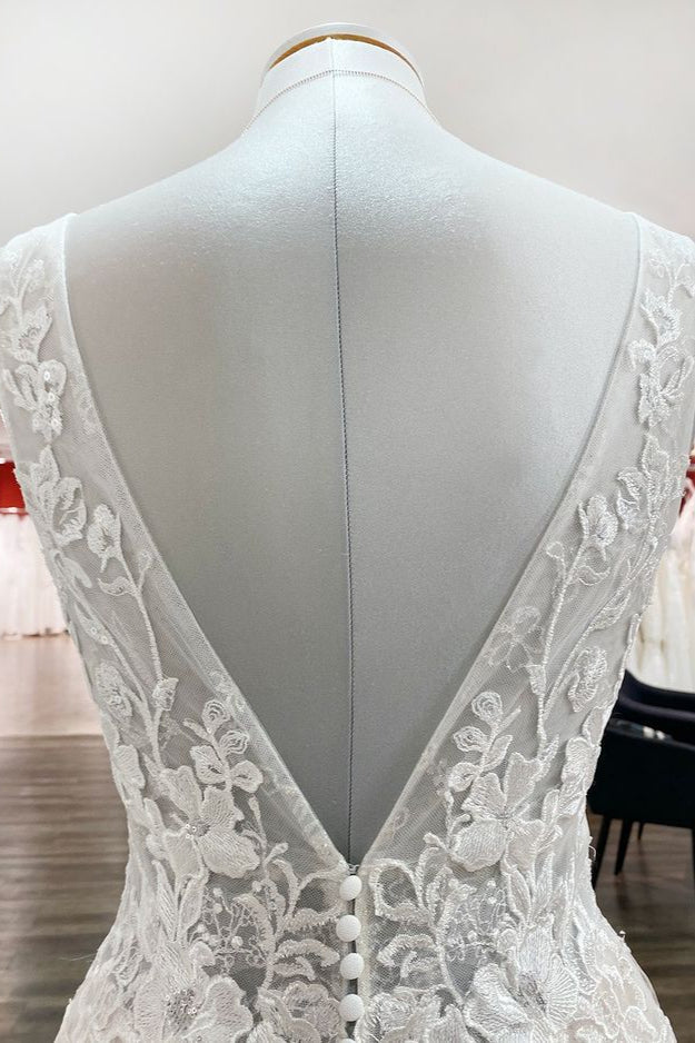 Mooie lange A-Line Tule Lace V Neck Open Back Wedding Jurken main image 0