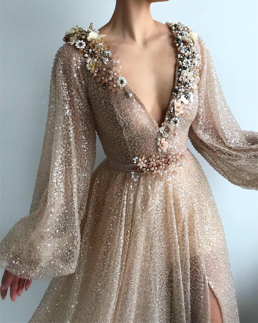 Modest Long A-line V-neck Sequined Prom Dress with Slit-BIZTUNNEL