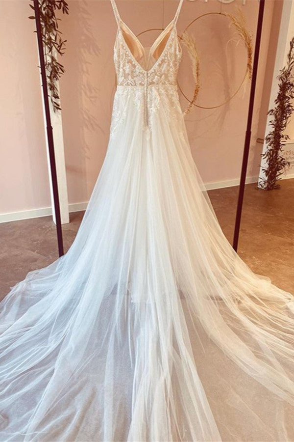 Modest Long A-line V-neck Spaghetti Straps Tulle Wedding Dress with Appliques Lace-BIZTUNNEL