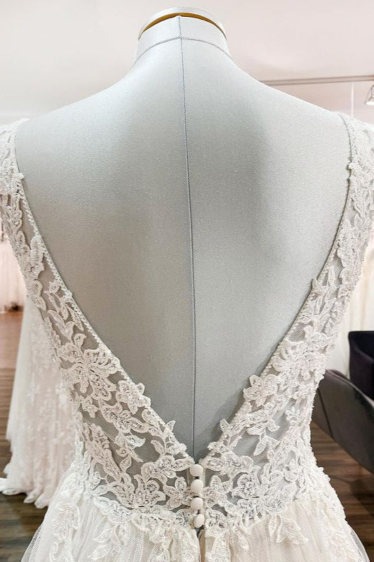 Carregar imagem no visualizador da galeria, Modest Long A-line V-neck Tulle Ruffles Backless Wedding Dresses With Lace-BIZTUNNEL
