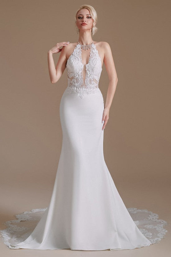 Load image into Gallery viewer, Modest Long Mermaid Halter Backless Satin Wedding Dresses with Appliques Lace-BIZTUNNEL

