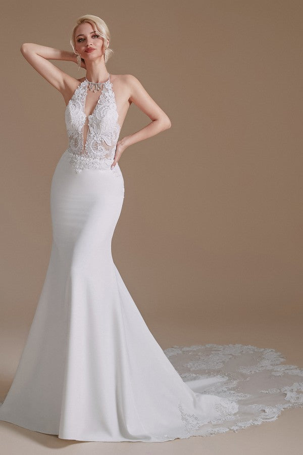 Vintage Mermaid Halter Sleeveless Satin Backless Wedding Dresses Long Prom Dress