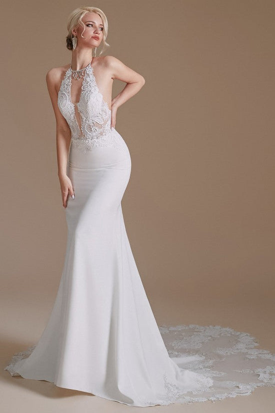 Modest Long Mermaid Halter Backless Satin Wedding Dresses with Appliques Lace-BIZTUNNEL