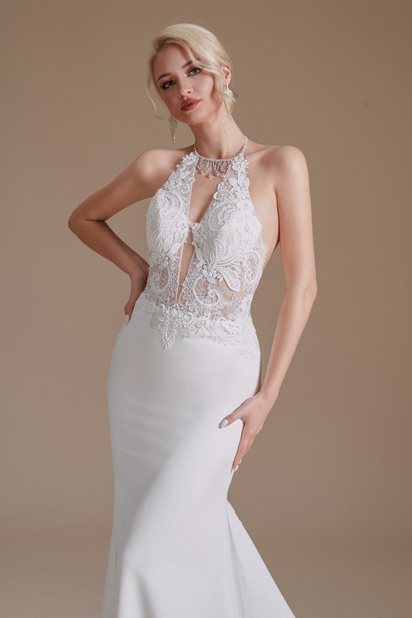 Load image into Gallery viewer, Modest Long Mermaid Halter Backless Satin Wedding Dresses with Appliques Lace-BIZTUNNEL
