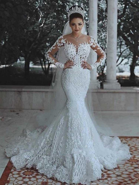 Modest Long Mermaid Lace Appliques Wedding Dresses with Sleeves-BIZTUNNEL