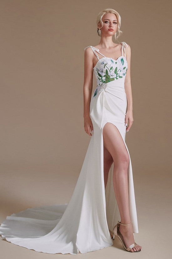 Load image into Gallery viewer, Modest Long Mermaid Satin Spaghetti Straps Open Back Wedding Dress with slit-BIZTUNNEL
