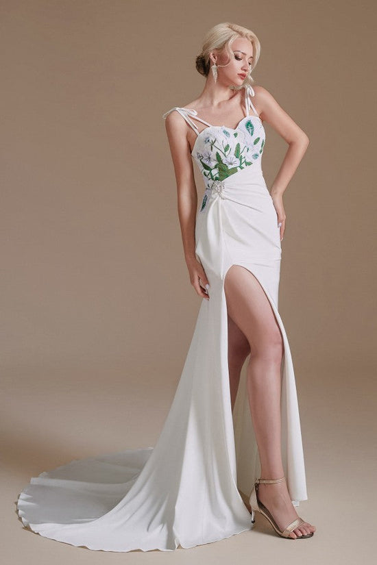Charger l&amp;#39;image dans la galerie, Modest Long Mermaid Satin Spaghetti Straps Open Back Wedding Dress with slit-BIZTUNNEL
