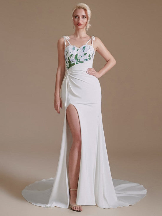 Modest Long Mermaid Satin Spaghetti Straps Open Back Wedding Dress with slit-BIZTUNNEL