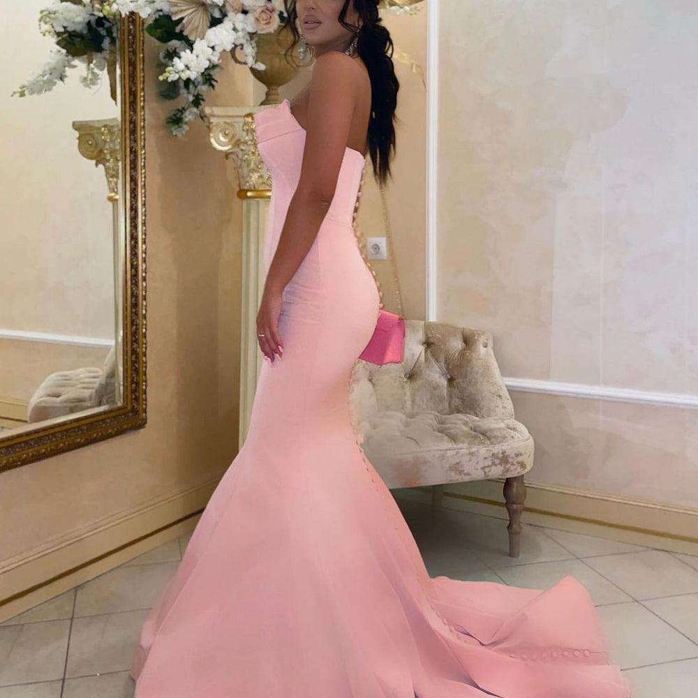 
                  
                    Modest Long Mermaid Strapless Satin Pink Prom Dress-BIZTUNNEL
                  
                