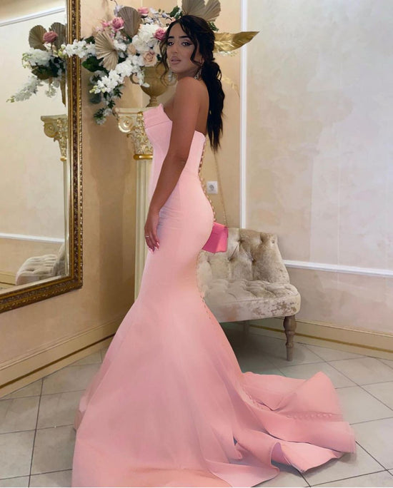 Modest Long Mermaid Strapless Satin Pink Prom Dress-BIZTUNNEL