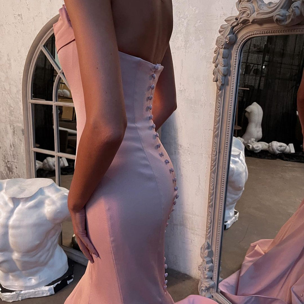 Modest Long Mermaid Strapless Satin Pink Prom Dress Modest Long Mermaid Strapless Satin Pink Prom Dress