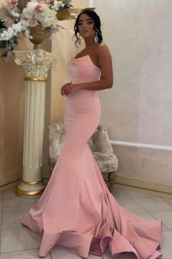 Modest Long Mermaid Strapless Satin Pink Prom Dress-BIZTUNNEL