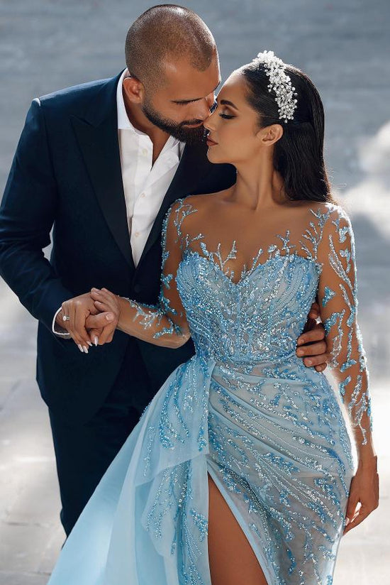 Modest Long Mermaid Sweetheart Sparkle Front Slit Prom Dress with Sleeves-BIZTUNNEL