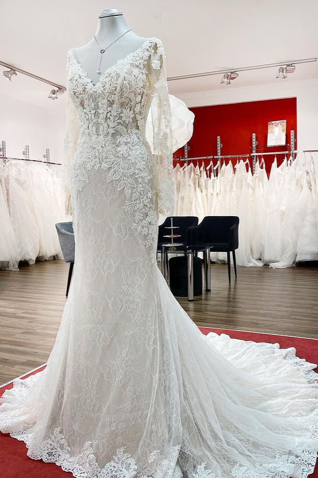 Carregar imagem no visualizador da galeria, Modest Long Mermaid Sweetheart Tulle Lace Wedding Dress with Sleeves-BIZTUNNEL
