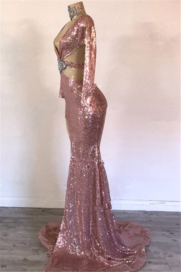 Load image into Gallery viewer, Modest Long Mermaid V-neck Sequined Front Slit Prom Dress with Sleeves-BIZTUNNEL
