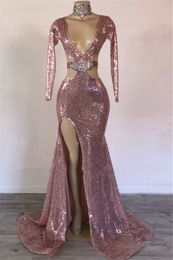 Modest Long Mermaid V-neck Sequined Front Slit Prom Dress with Sleeves-BIZTUNNEL