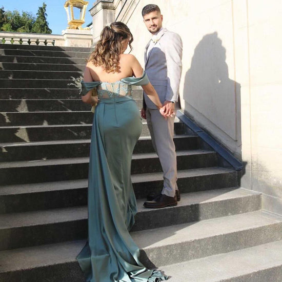 Modest Long Off-the-Shoulder Satin Mermaid Prom Dress with Slit-BIZTUNNEL