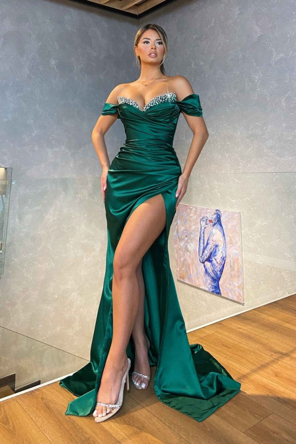 Modest Long Off the shoulder Satin Mermaid Prom Dress with Slit-BIZTUNNEL