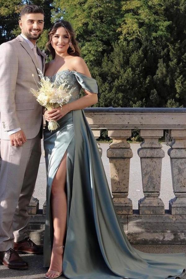 Modest Long Off-the-Shoulder Satin Mermaid Prom Dress with Slit-BIZTUNNEL