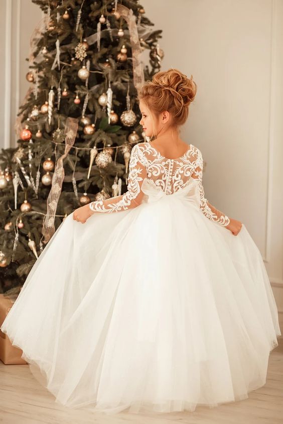 Modest Long Princess Tulle Lace Appliques flower girl dress with Sleeves-BIZTUNNEL