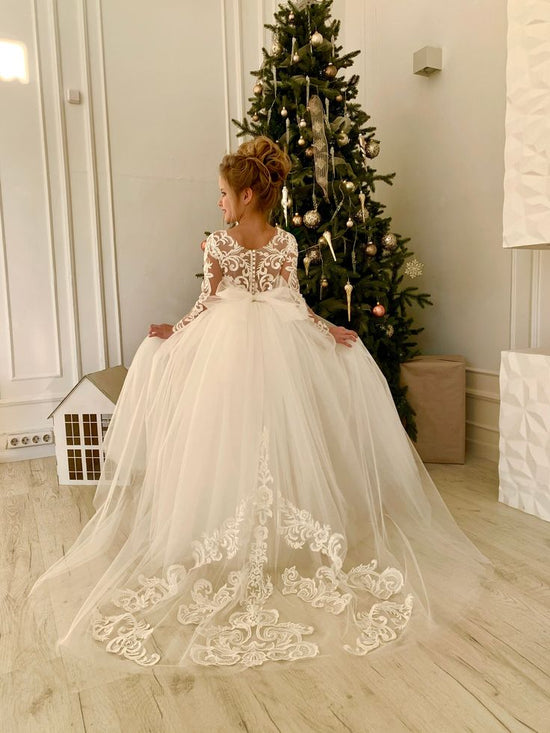 Modest Long Princess Tulle Lace Appliques flower girl dress with Sleeves-BIZTUNNEL