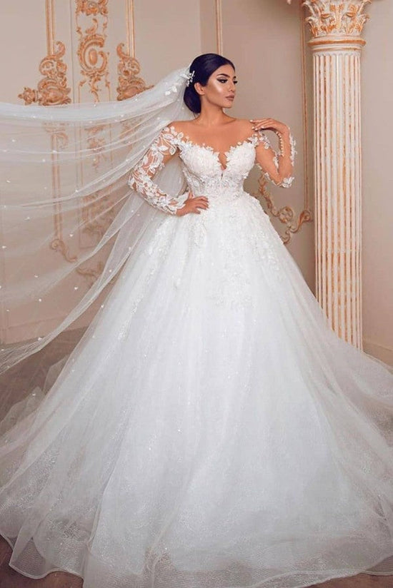 Carregar imagem no visualizador da galeria, Modest Long Princess Tulle Lace Wedding Dress with Sleeves-BIZTUNNEL
