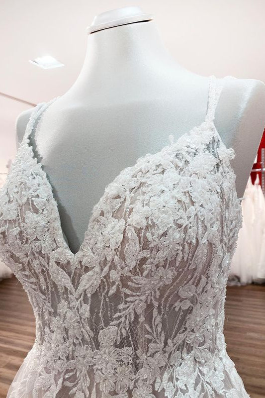 Modest Long Princess V-neck Tulle Spaghetti Straps Wedding Dress with Lace-BIZTUNNEL