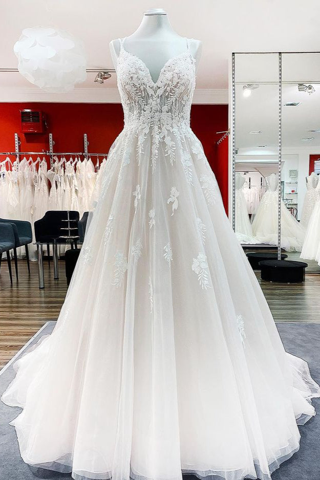Modest Long Princess V-neck Tulle Spaghetti Straps Wedding Dress with Lace-BIZTUNNEL