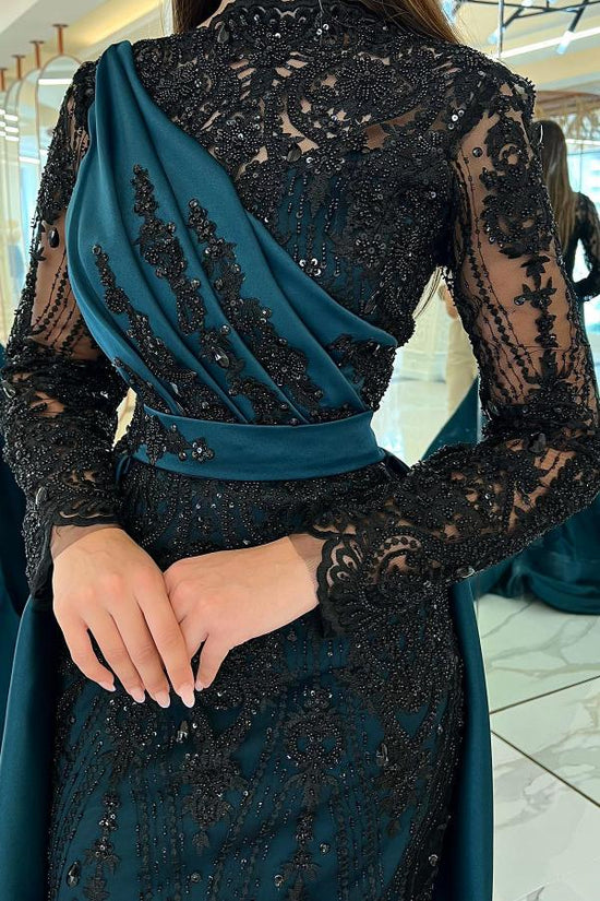 Modest Long Sleeves Mermaid Satin Prom Dress Black Sequins Evening Dresses-BIZTUNNEL