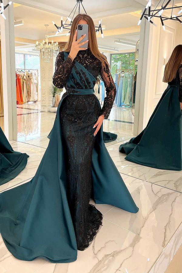 Modest Long Sleeves Mermaid Satin Prom Dress Black Sequins Evening Dresses-BIZTUNNEL