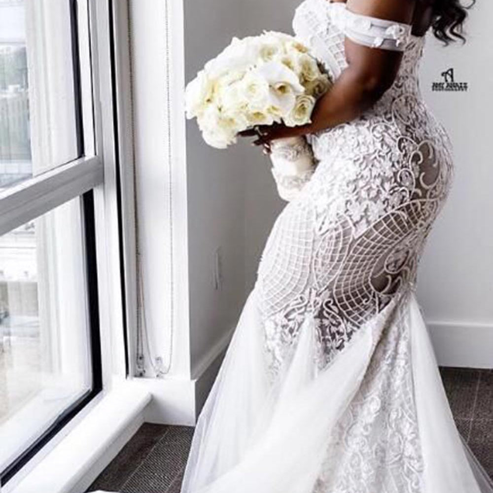 
                  
                    Modest Plus Size Long Mermaid Off-the-Shoulder Lace Wedding Dresses-BIZTUNNEL
                  
                