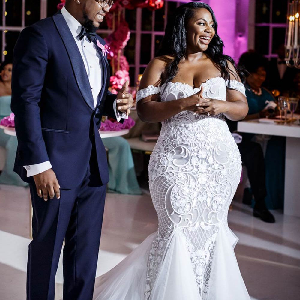 
                  
                    Modest Plus Size Long Mermaid Off-the-Shoulder Lace Wedding Dresses-BIZTUNNEL
                  
                