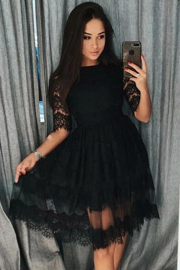 Modest Short A-line Lace Black Prom Dresses with Sleeves-BIZTUNNEL
