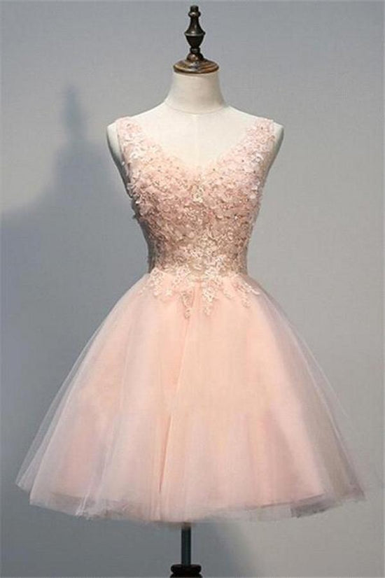 Modest Short A-line V-neck Tulle Pink Prom Dress-BIZTUNNEL