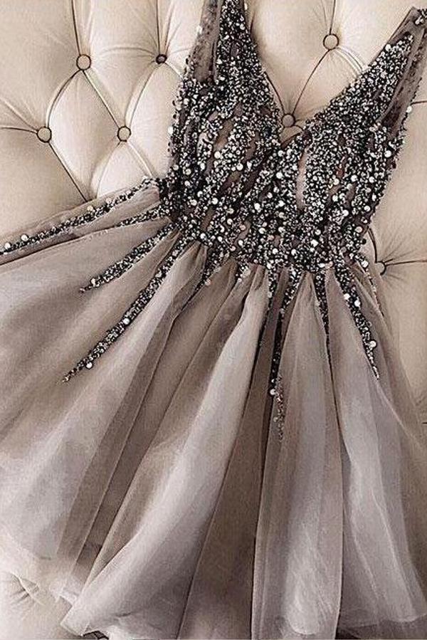 Modest Silver A-line V-neck Tulle Short Prom Dress-BIZTUNNEL