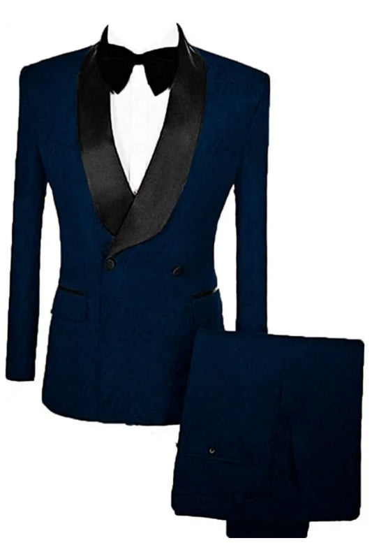 Marsh Navy Blue Double Breasted Jacquard Slim Fit Wedding Suits With Velvet Lapel