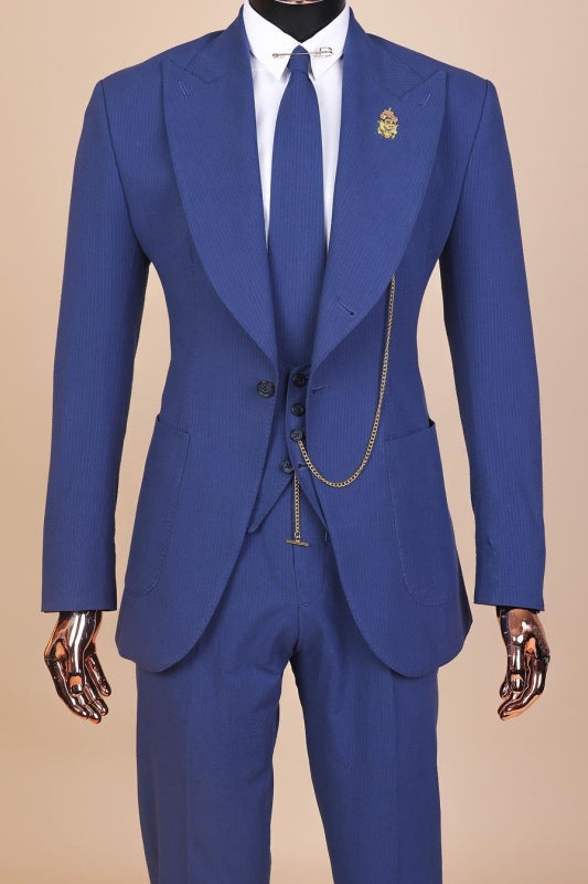 Clarence Navy Blue Peaked Lapel Three Pieces Chic Prom Suits