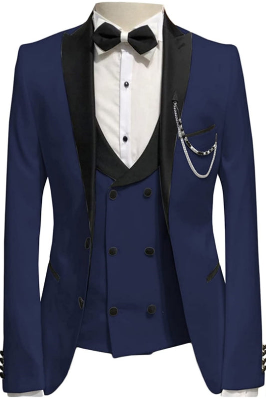Michael Navy Blue Peaked Lapel Three Pieces Classic Prom Suits