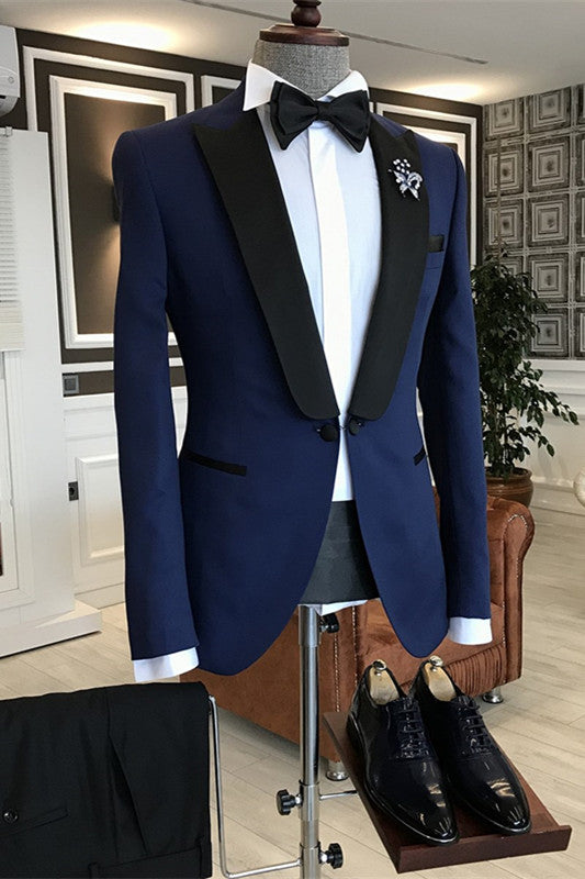 David Navy Blue Peaked Lapel Two Pieces Simple Suits For Prom